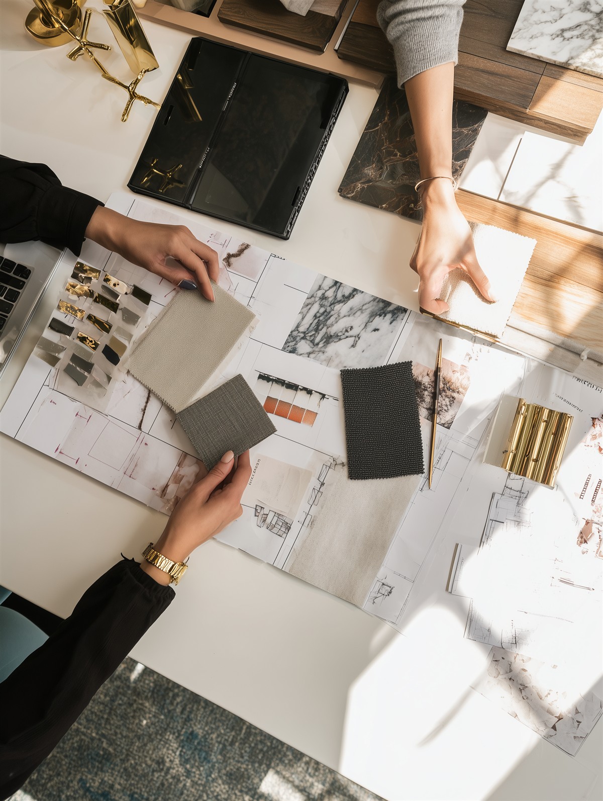 Mesa de trabajo con planos y muestras de materiales para un proyecto de interiorismo